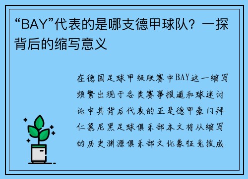 “BAY”代表的是哪支德甲球队？一探背后的缩写意义