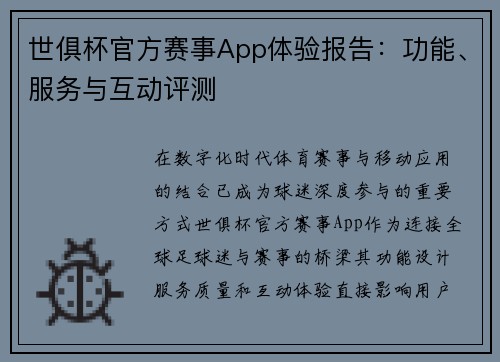 世俱杯官方赛事App体验报告：功能、服务与互动评测